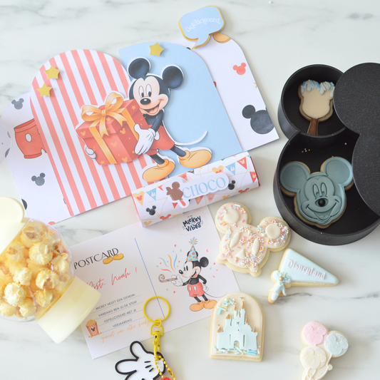 Black Little Ears birthday box open showing 3D Mickey box and fondant cookies by Oh Happy Co.