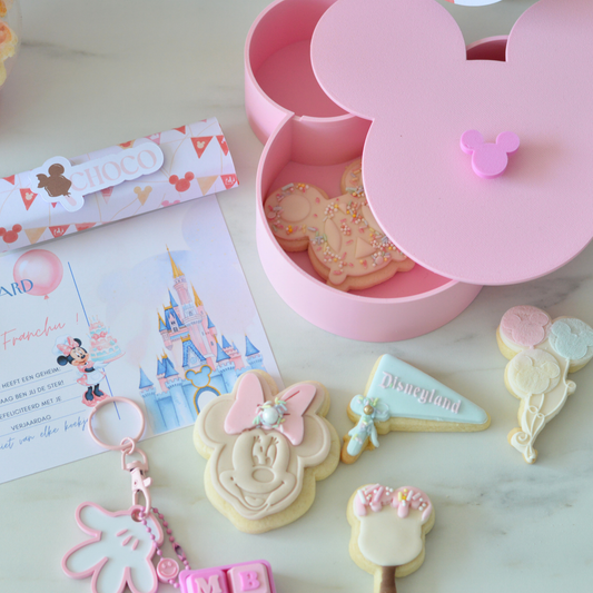 Pink Little Ears birthday box open showing 3D Mickey box and fondant cookies by Oh Happy Co.