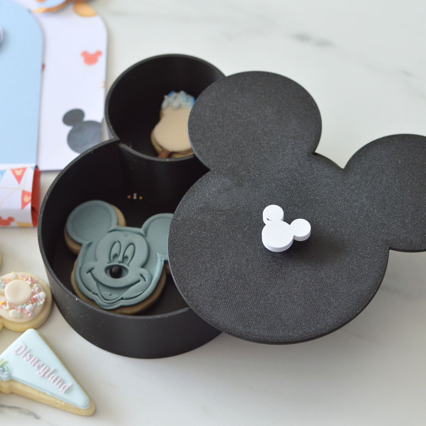 Little Ears Birthday Box Black | Handmade Cookies, 3D Mickey Box & Clicker Keychain