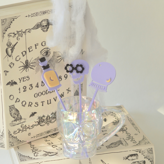 Pastel acrylic Halloween drink stirrers with potion bottle, flower skull and crystal ball designs