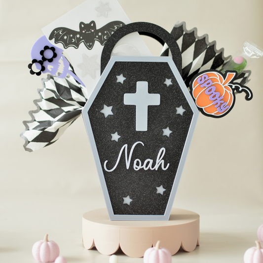 3D printed Halloween coffin treat box personalised with a child's name