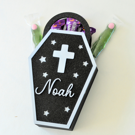 Personalised black and white 3D printed Halloween coffin treat box with custom name