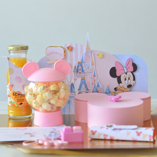 Pink Little Ears Mickey Mouse birthday gift box with 3D box, cookies and personalised keychain by Oh Happy Co.