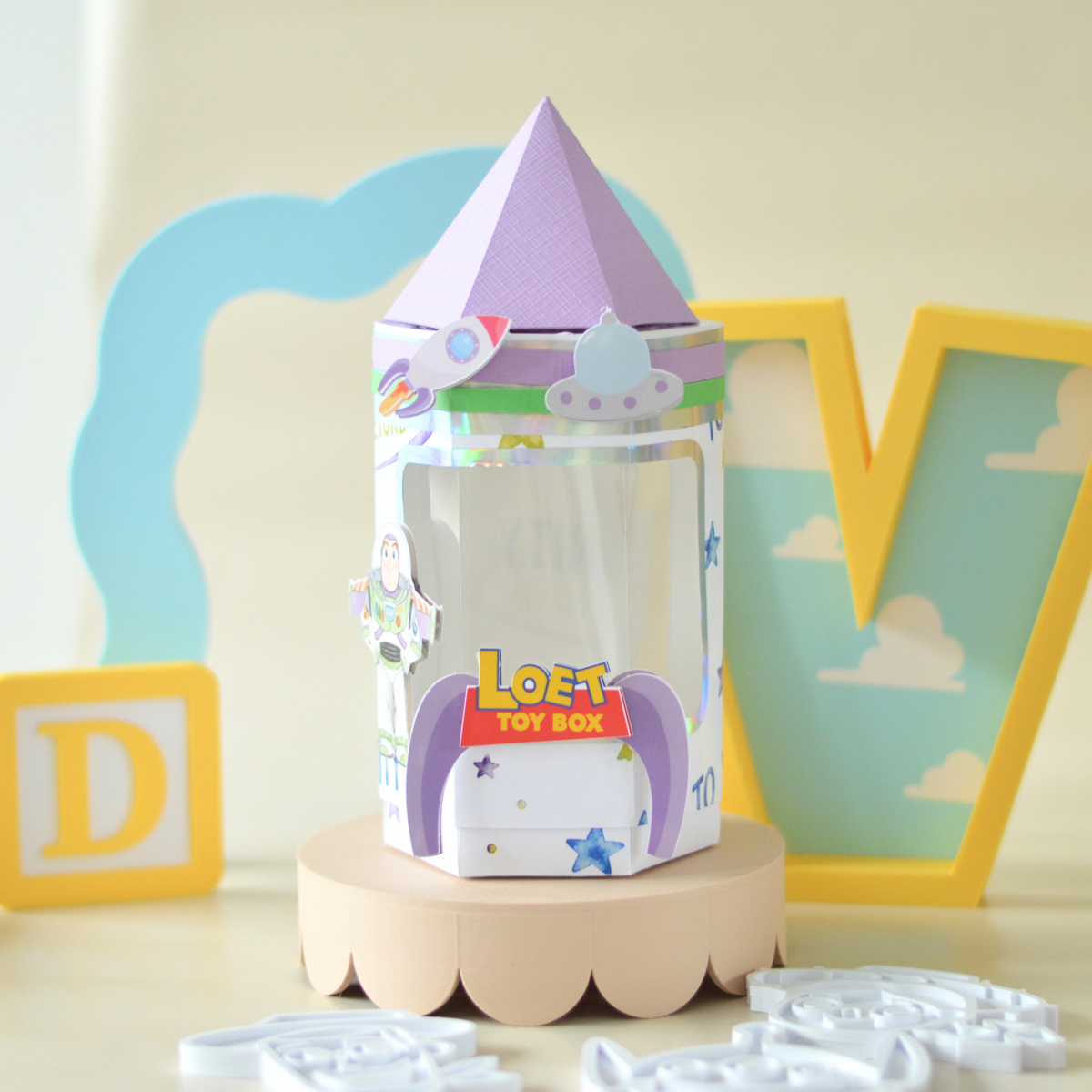 Rocket shaped activity box with a personalised name label