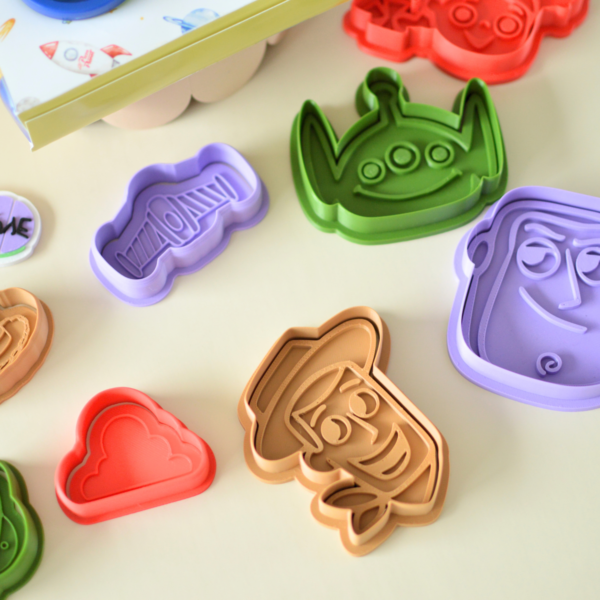 Colourful 3D printed play dough cutters and stamps