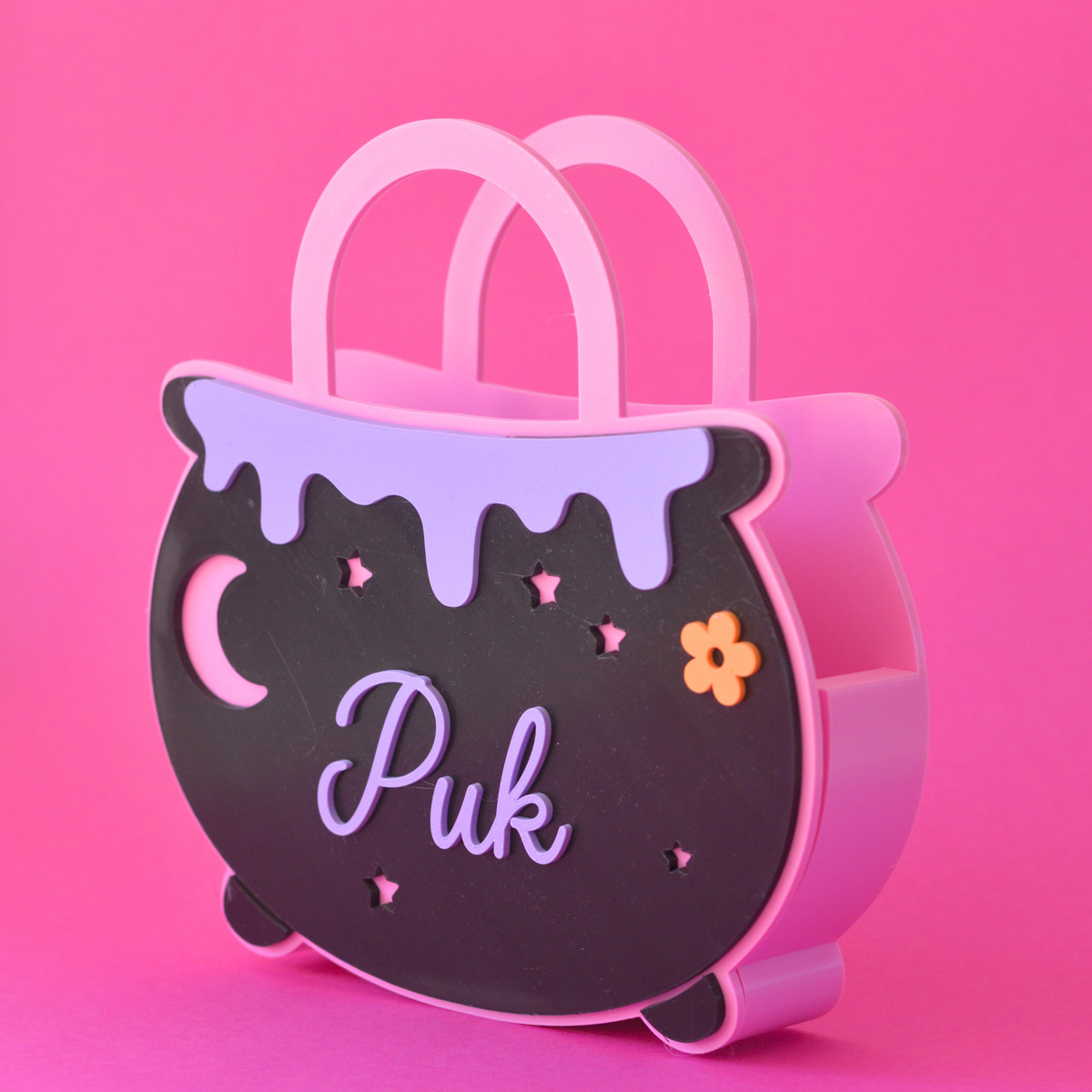 Personalised 3D printed Halloween cauldron treat box in pink black purple and orange