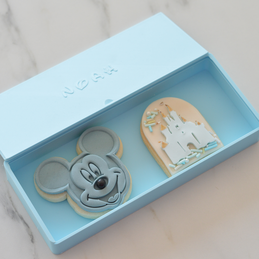 Personalised Disney light blue gift box with name and Mickey Mouse handmade cookies by Oh Happy Co.