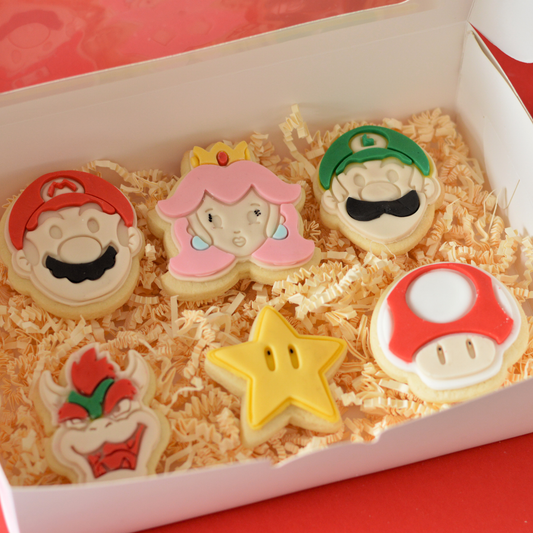 Super Mario themed fondant cookie gift box with six handmade character cookies by Oh Happy Co.