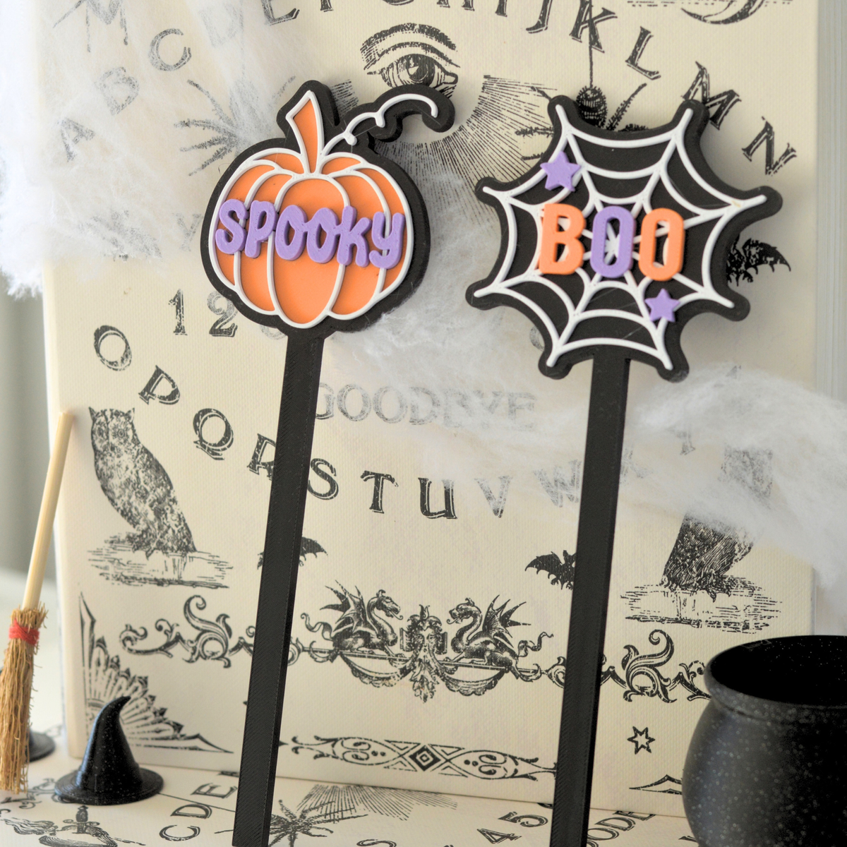 3D printed Halloween magic wands with Spooky pumpkin and Boo spiderweb designs