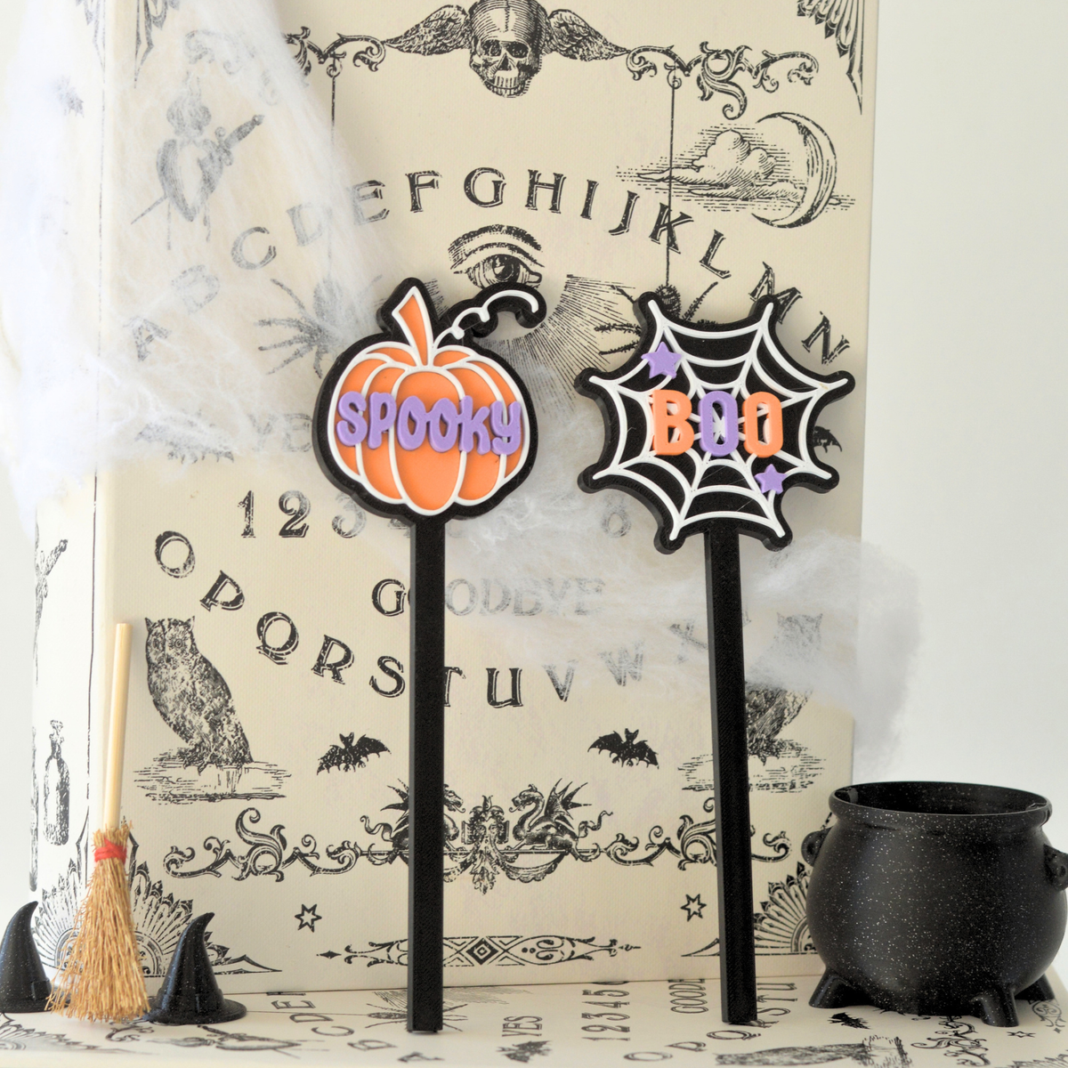 3D printed Halloween magic wands with Spooky pumpkin and Boo spiderweb designs