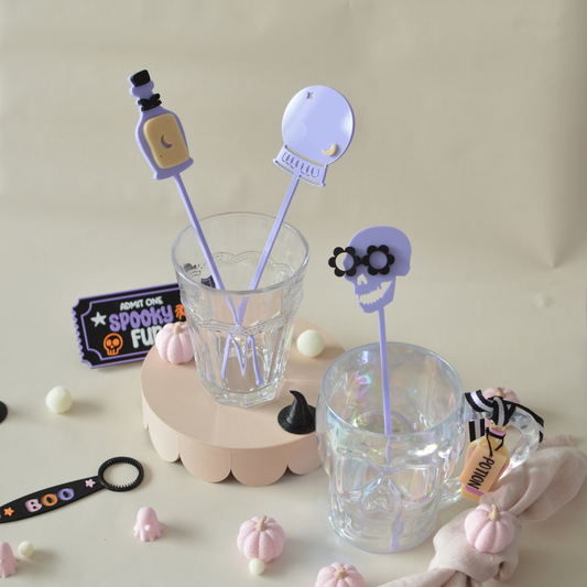 Halloween acrylic drink stirrers with potion bottle, skull and glasses toppers