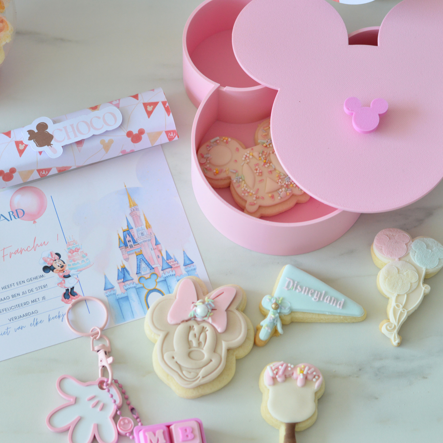 Pink Little Ears birthday box open showing 3D Mickey box and fondant cookies by Oh Happy Co.