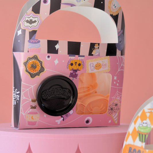 Halloween play dough activity boxes with mini dough and four spooky cutters in Pink Spooky and Green Skulls designs