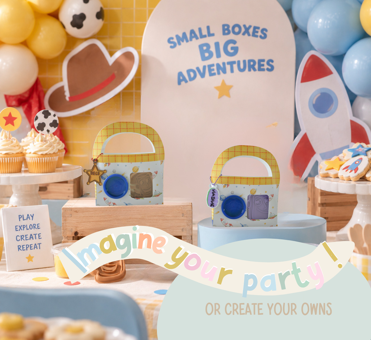 Party table with play dough favour boxes for a kids birthday