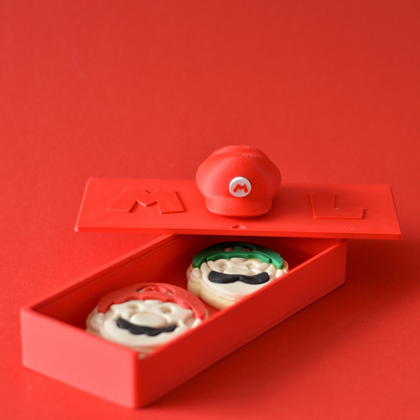 Mario and Luigi 3D printed sliding gift box with handmade fondant cookies by Oh Happy Co.