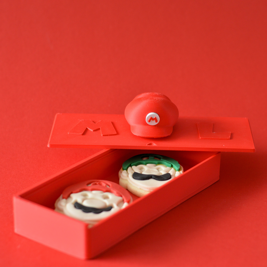 Mario and Luigi 3D printed sliding gift box with handmade fondant cookies by Oh Happy Co.