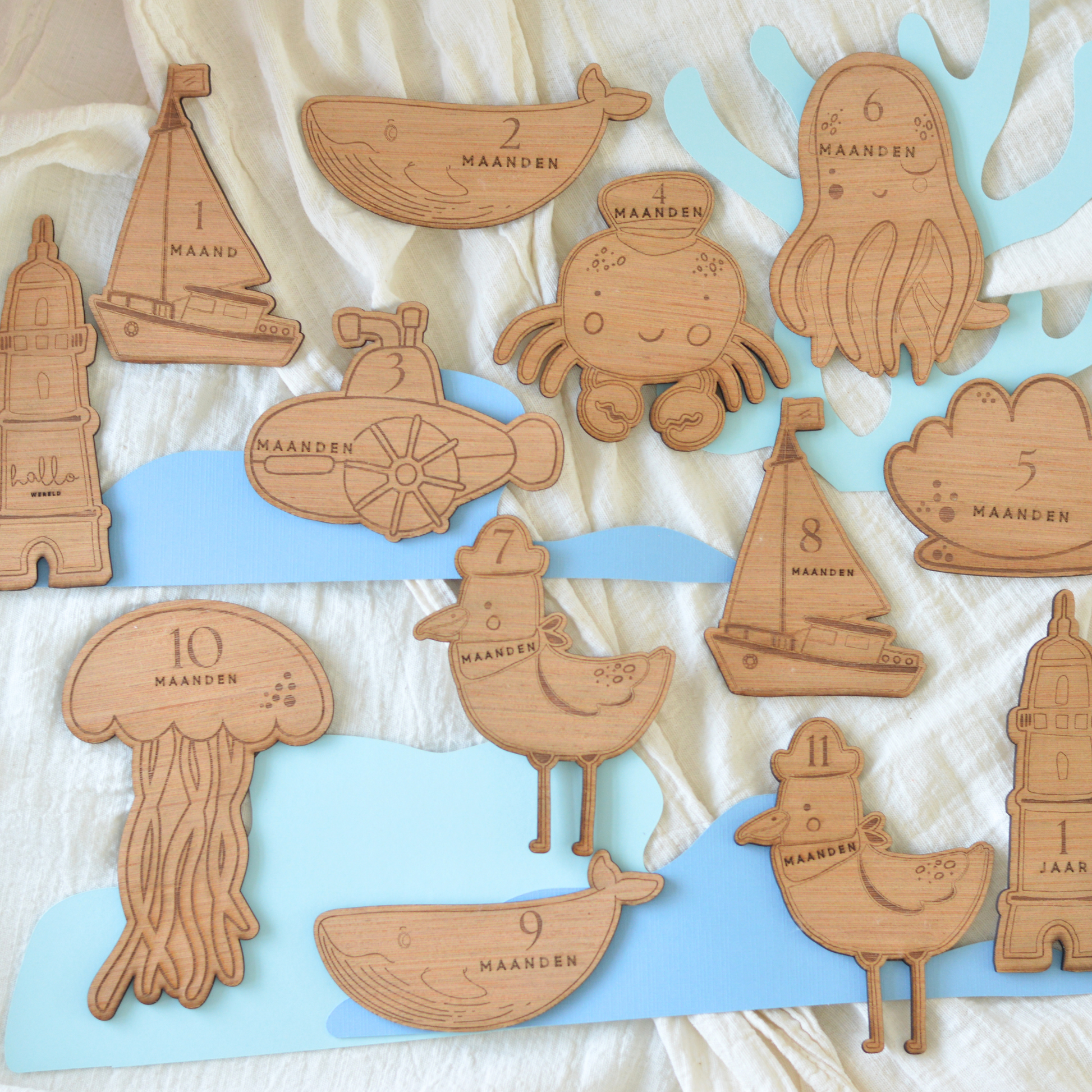 Under the Sea personalised wooden milestone set — 12 laser engraved pieces, ocean theme, baby's first year, Oh Happy Co. NL